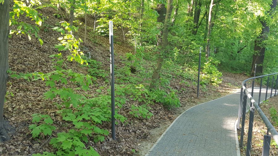 Szereg lamp ogrodowych przy chodniku – Kraków